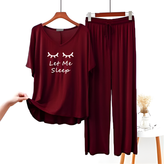 Let Me Sleep Printed Half Sleeves Maroon V Neck T shirt with Maroon Palazzo Pajama Set
