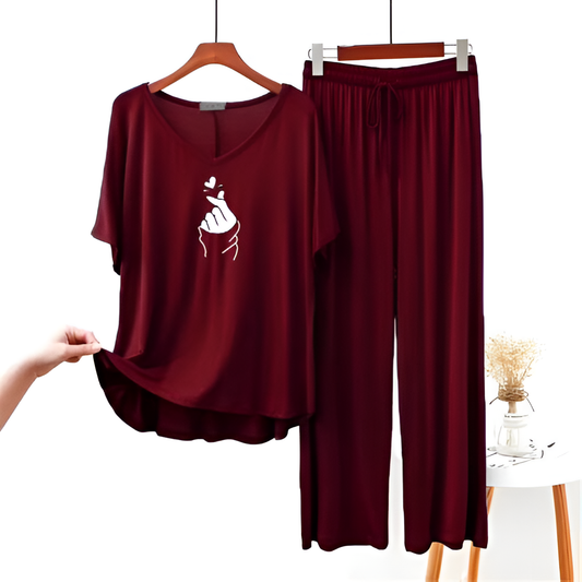 Love Heart Printed Half Sleeves Maroon V Neck T shirt with Maroon Palazzo Pajama Set