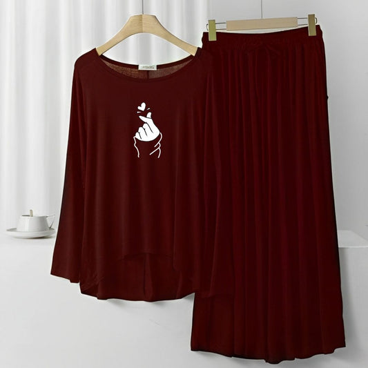 Love Heart Printed Maroon Frill Sleeve Loose Lounge Wear Palazzo Set