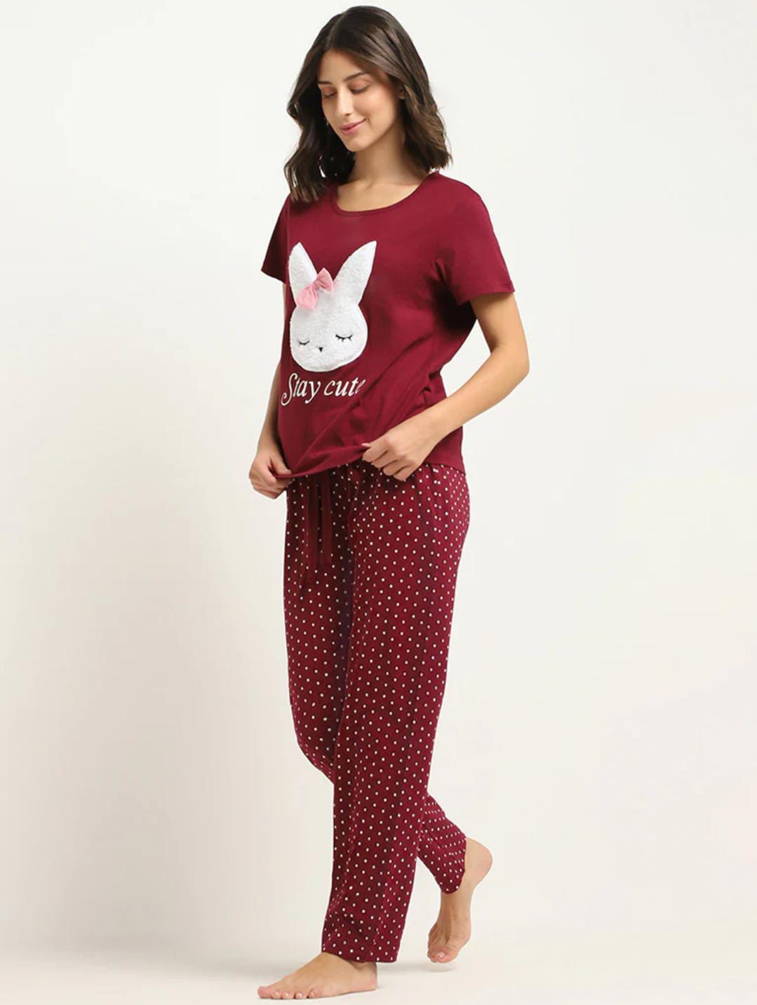 Maroon Bunny Printed Pajama Set