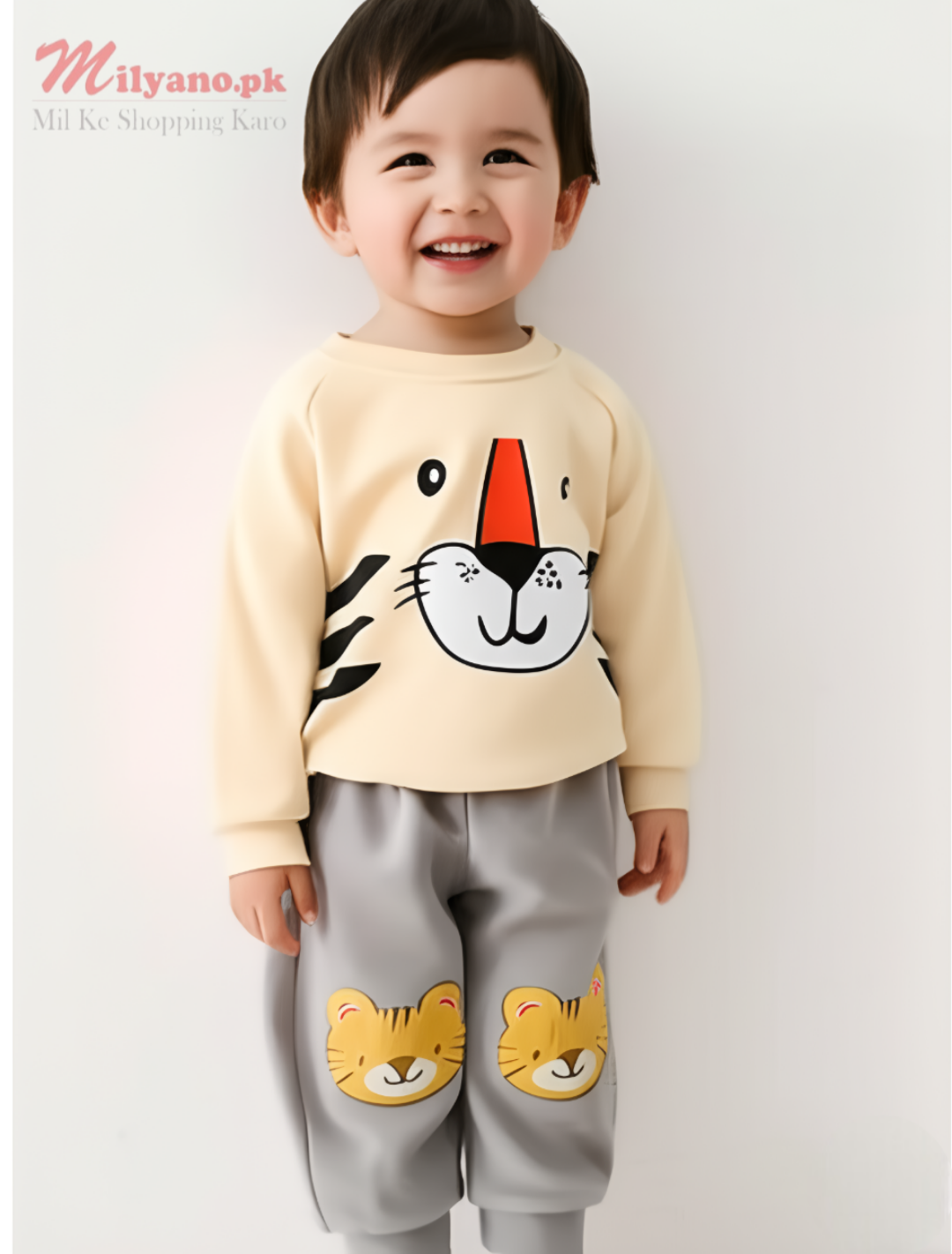 Offwhite & Grey Tiger Print Sweatshirt & Trouser for Kids