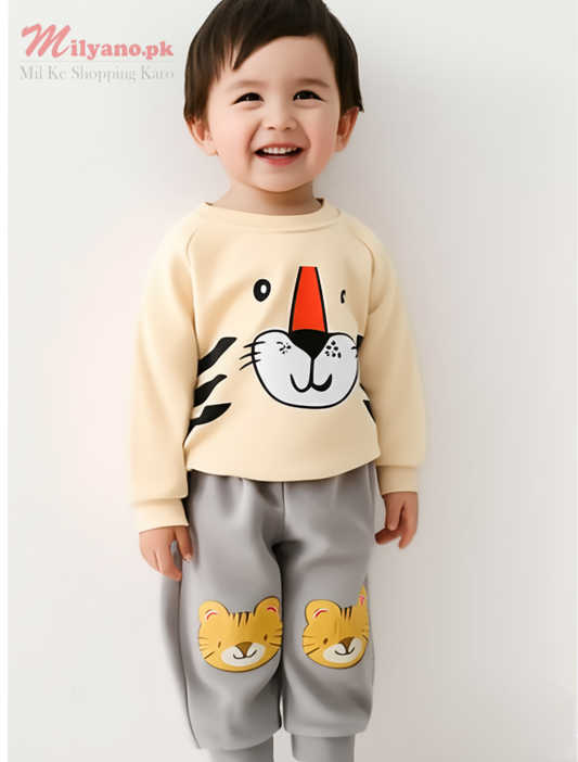 Offwhite & Grey Tiger Print Sweatshirt & Trouser for Kids