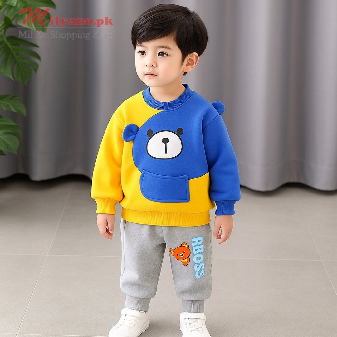 Yellow & Blue Bear Print Sweatshirt & Trouser for Kids