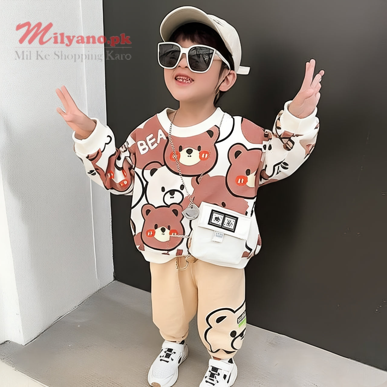 White & Brown Bear Print Kids Sweatshirt & Trouser Set