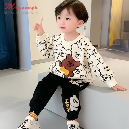 White Multi Bears Print Sweatshirt & Trouser for Kids