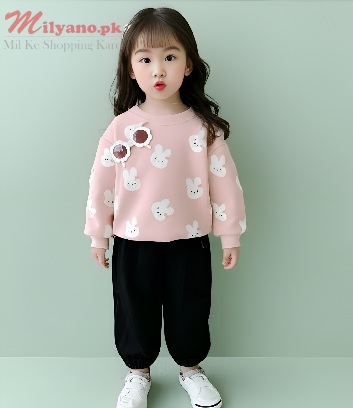Pink & White Bunny Print Sweatshirt & Trouser for Kids
