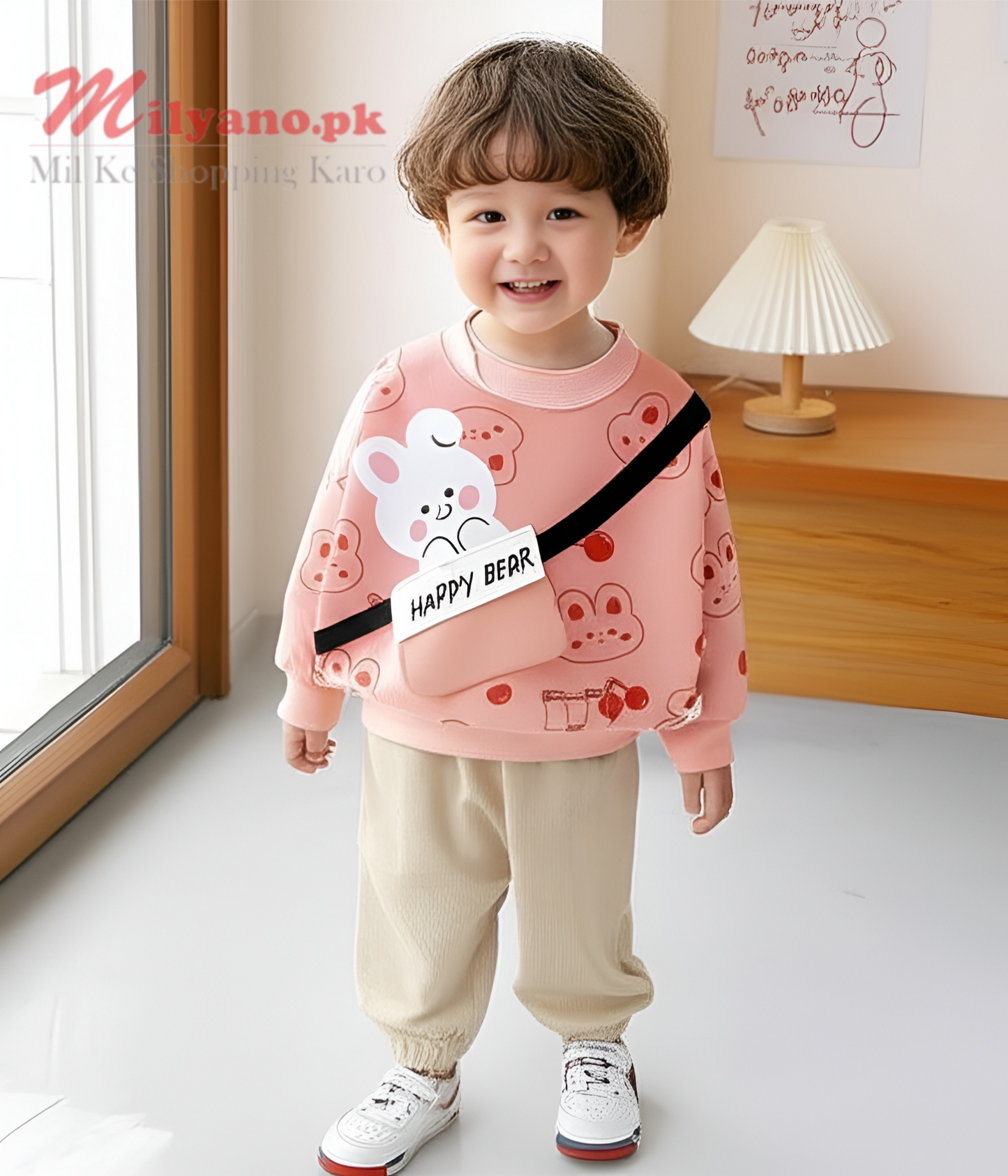 Pink Happy Bear Print Sweatshirt & Trouser for Kids