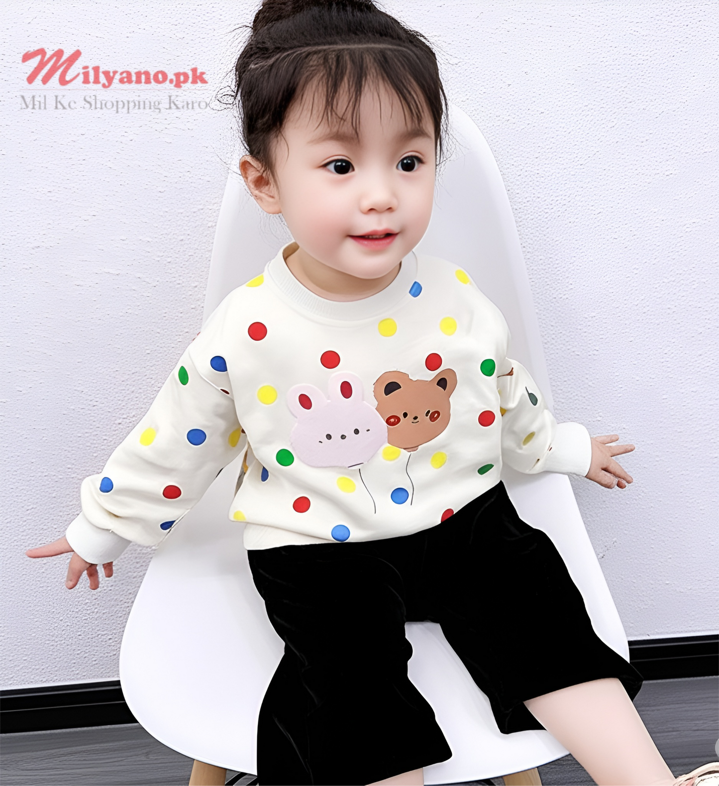 Multi Dots & Two Bunny Print Sweatshirt & Black Trousers For Kids