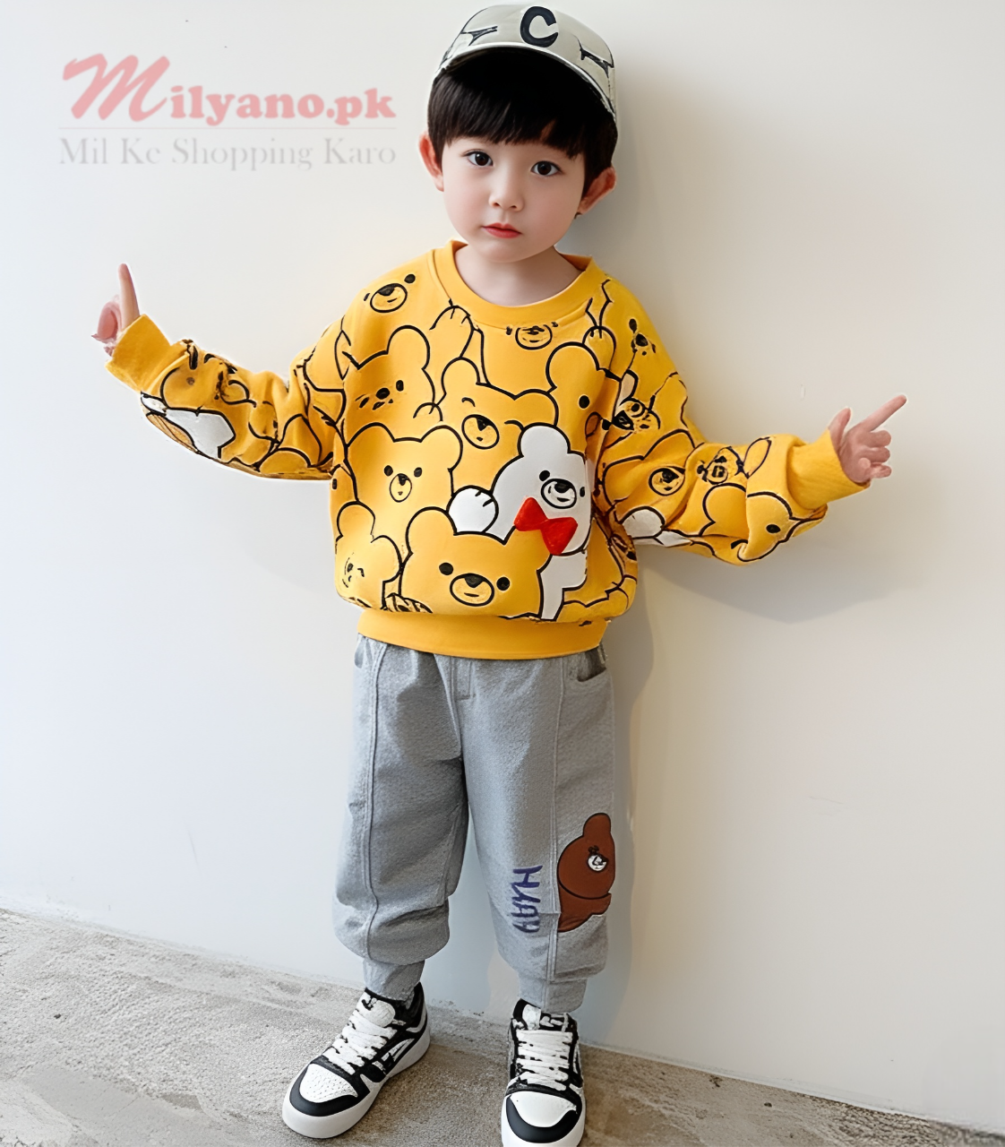 Yellow Bears Print Sweatshirt & Grey Trouser for Kids