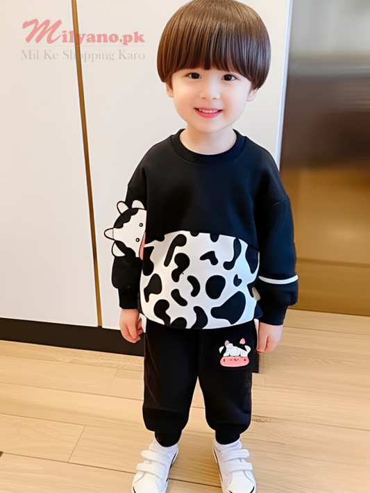 Black Cow Print Sweatshirt & Trouser for Kids