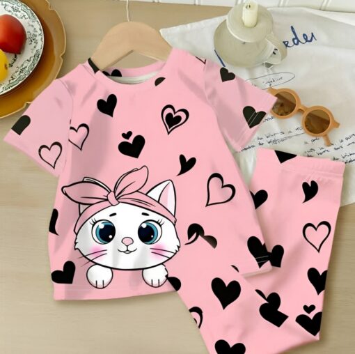 Pink Kitty with Black Hearts Printed Kids Wear