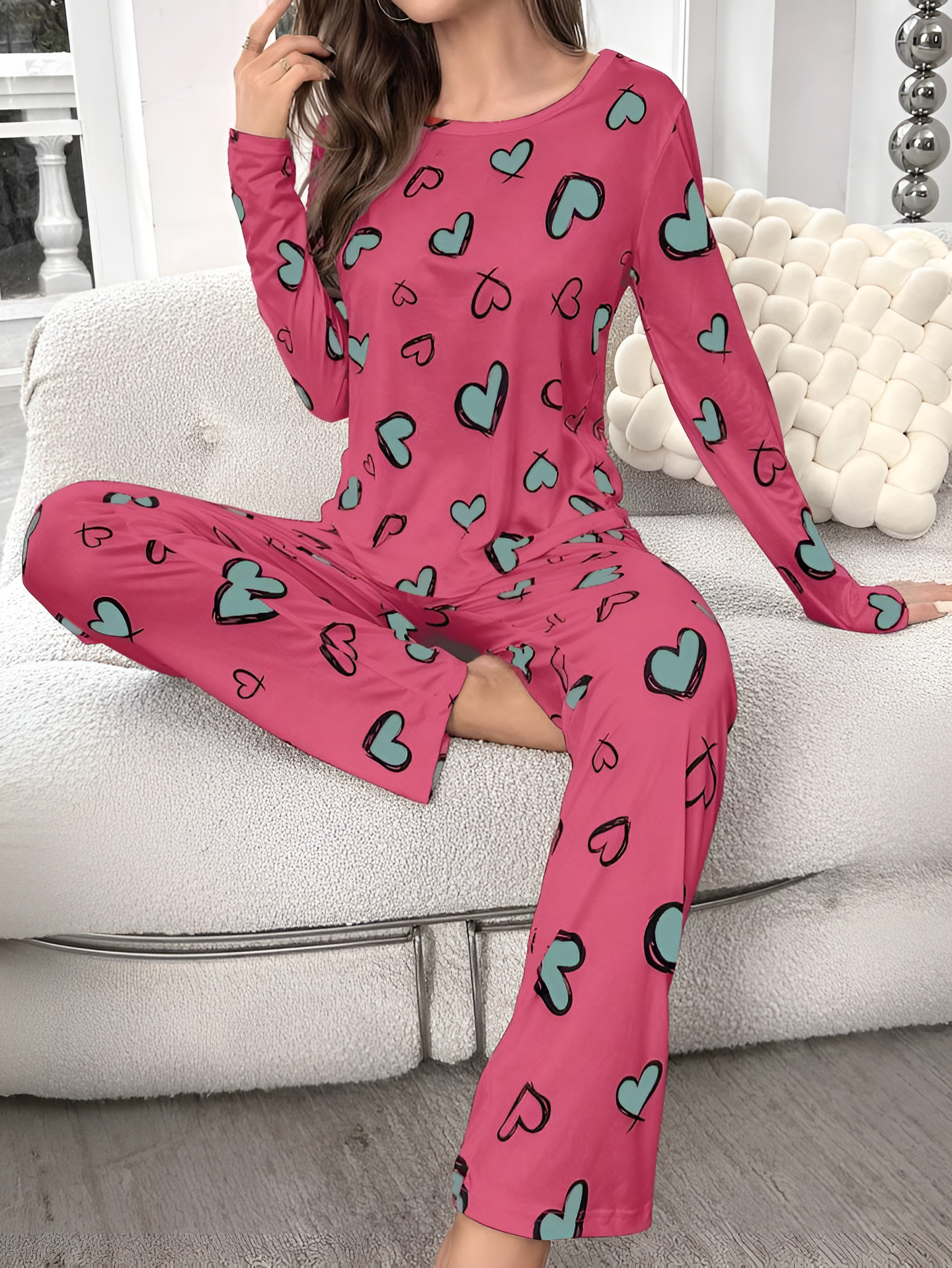 Pink Heart Pattern Pyjamas Pink Heart Printed Pajama set – Milyano.pk