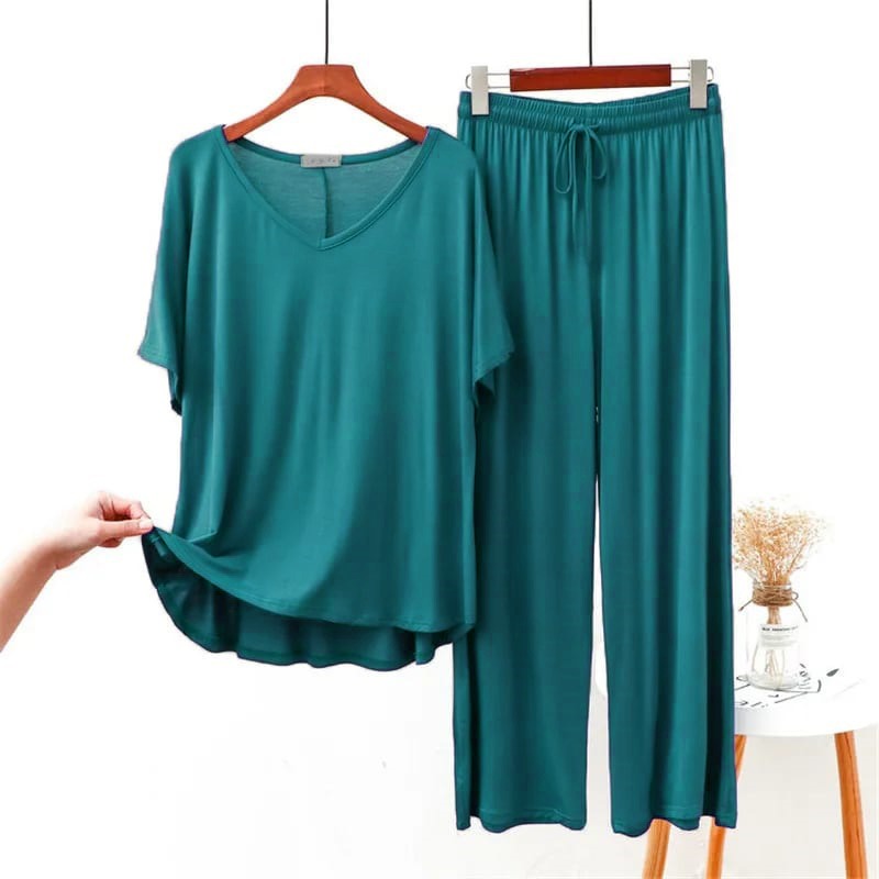 Half Sleeves Plain Green V Neck T shirt with Green Palazzo Pajama Set