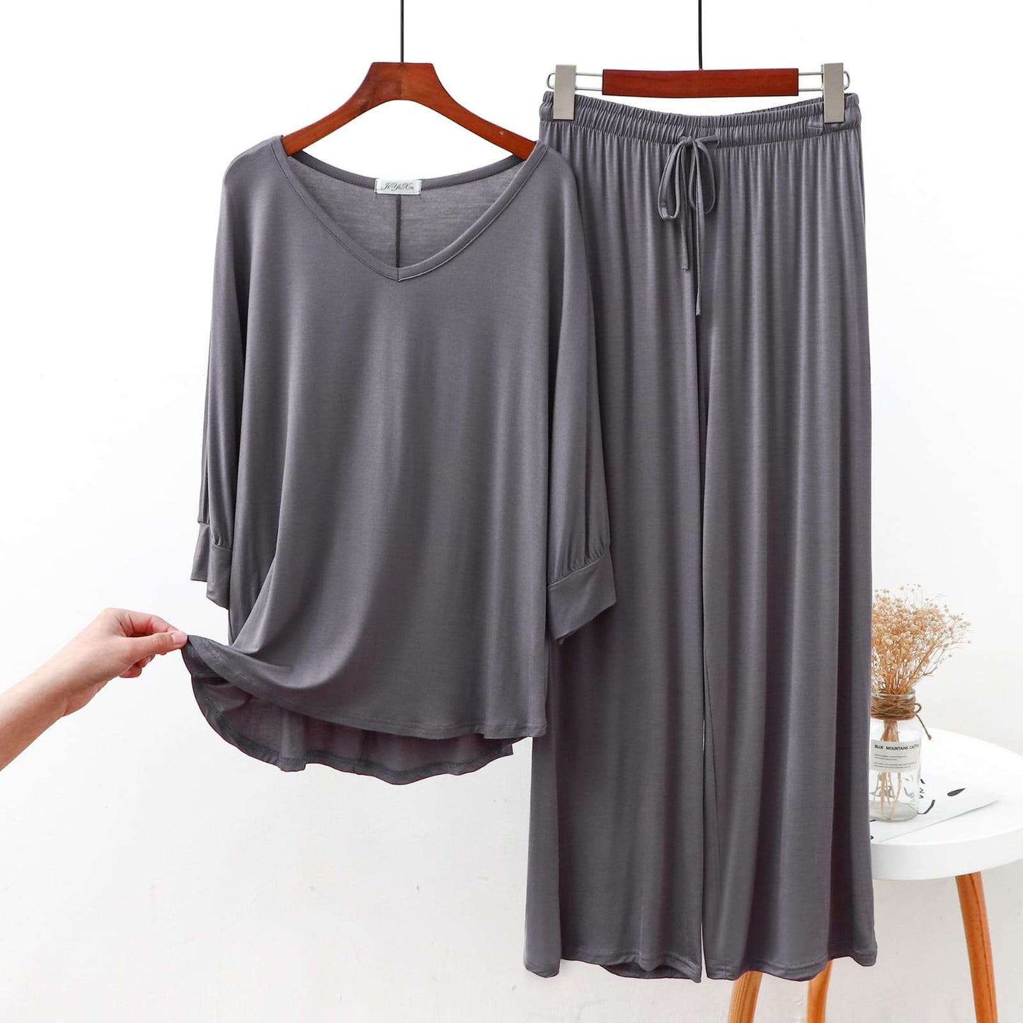 Full sleeves Grey V Neck T shirt with Grey Palazzo Pajama Set