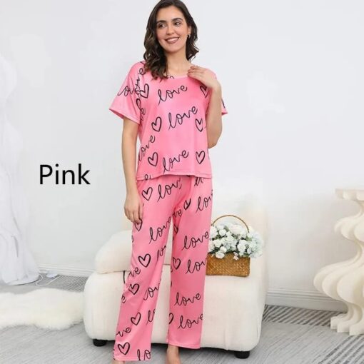 Printed Trouser Paired with Pink Love Heart Print Half-Sleeve Shirt