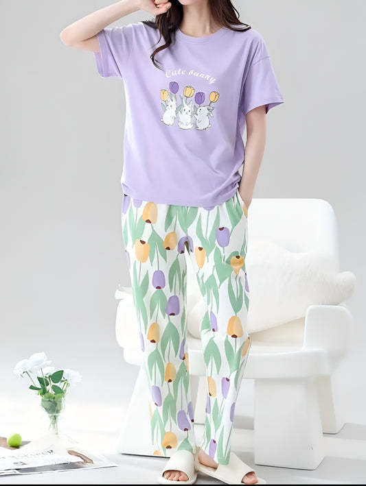 Purple Cute Bunny Printed Pajama Set