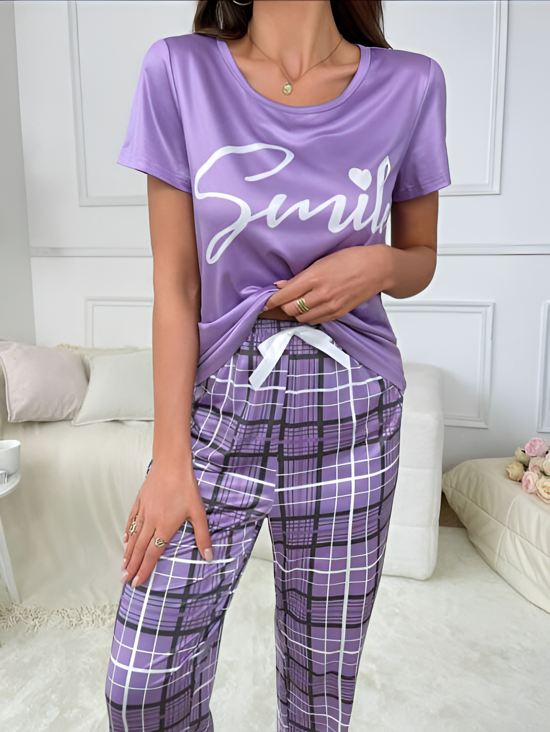 Purple Smile Printed Shirt With Check Pajama Set