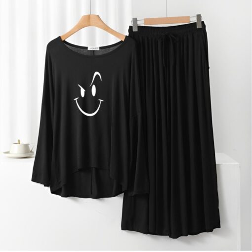 Smiley Face Printed Black Frill Sleeve Loose Lounge Wear Palazzo Set