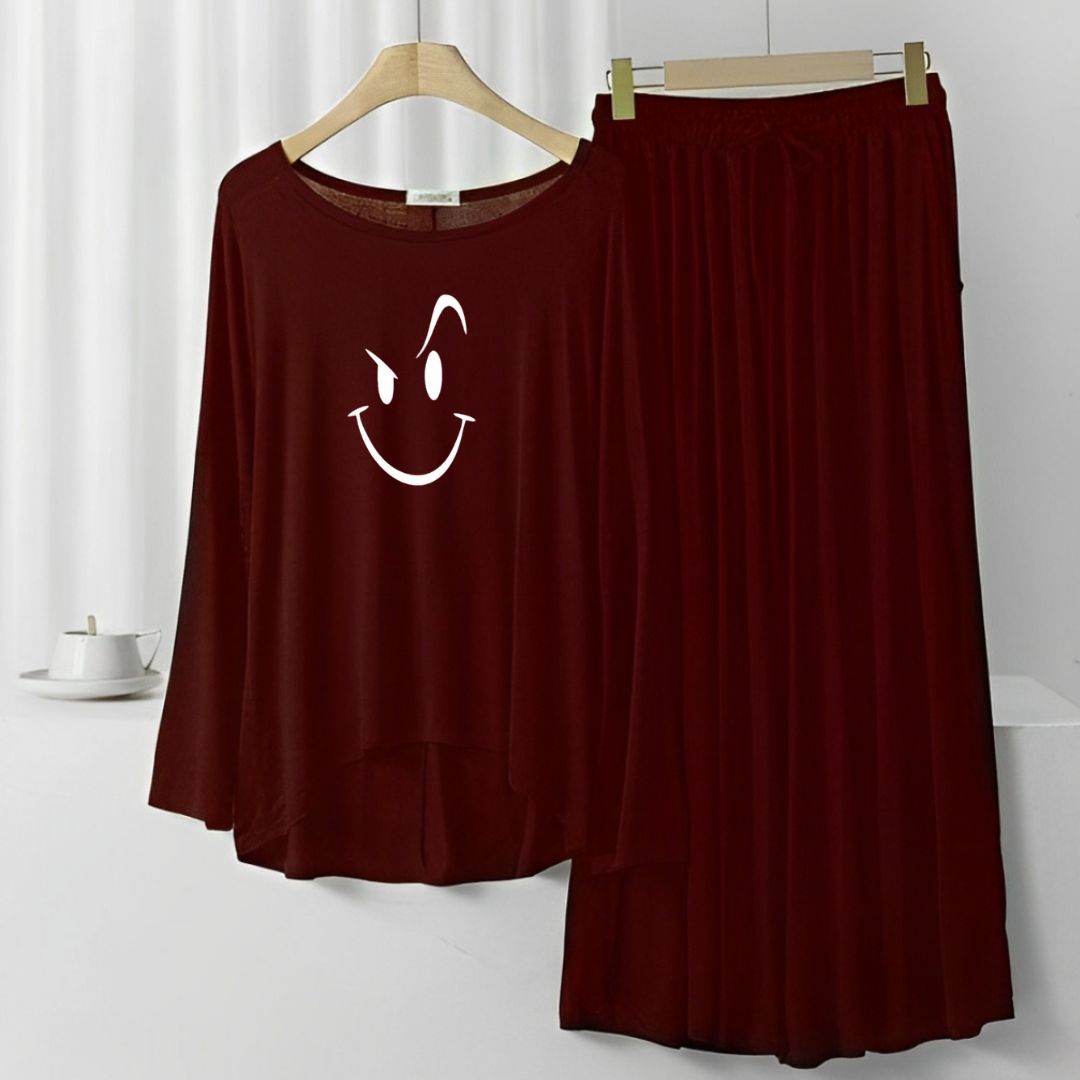 Smiley Face Printed Maroon Frill Sleeve Loose Lounge Wear Palazzo Set