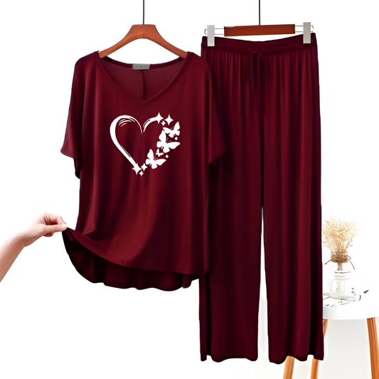 Heart Printed Half Sleeves Maroon V Neck T shirt with Maroon Palazzo Pajama Set