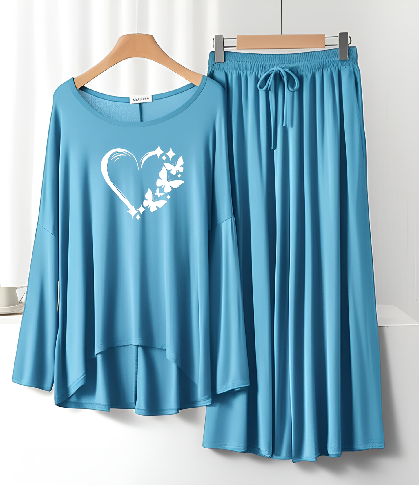 Heart Printed Neon Blue Frill Sleeve Loose Lounge Wear Palazzo Set