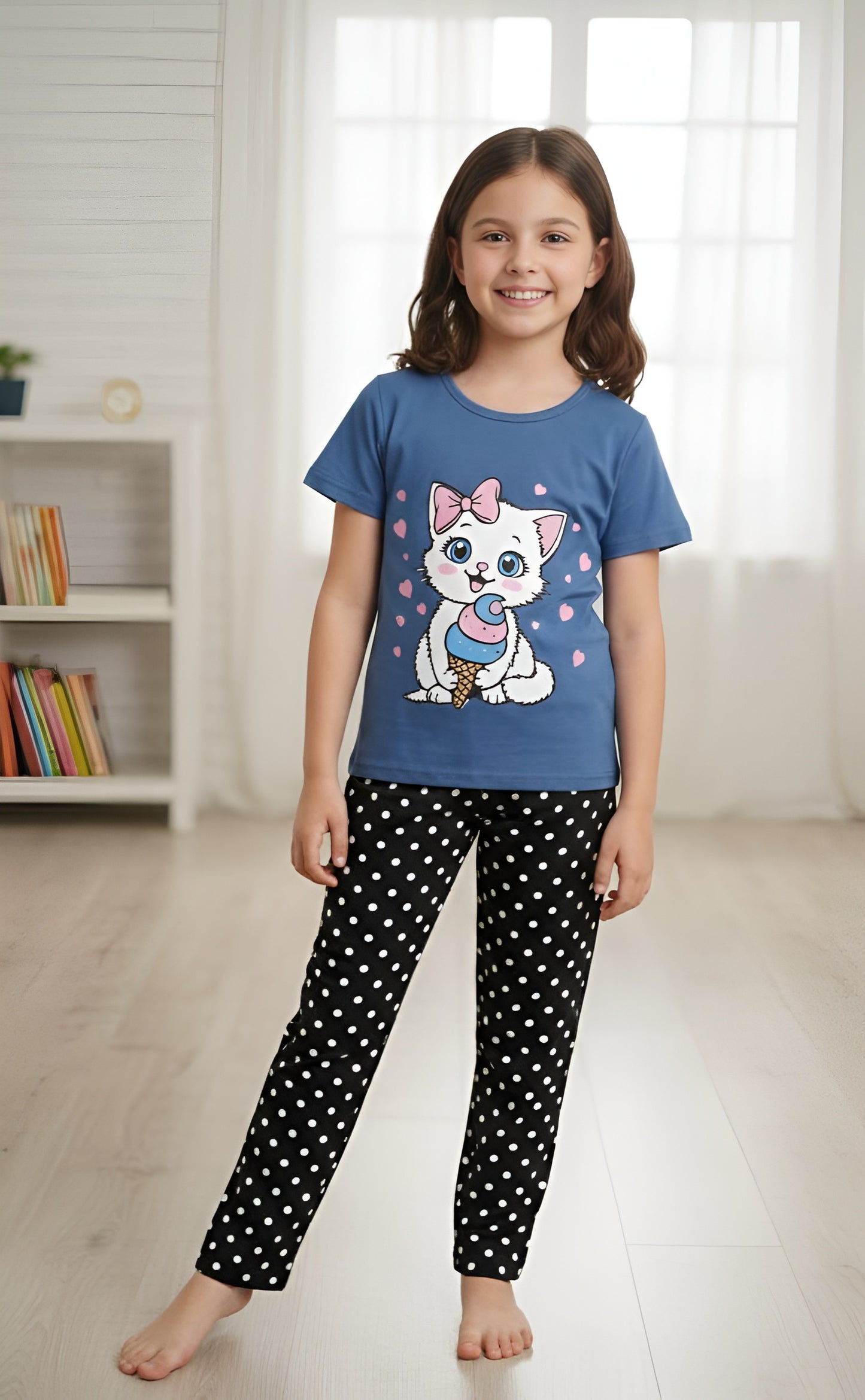 Blue Cute Kitty Print Kids wear