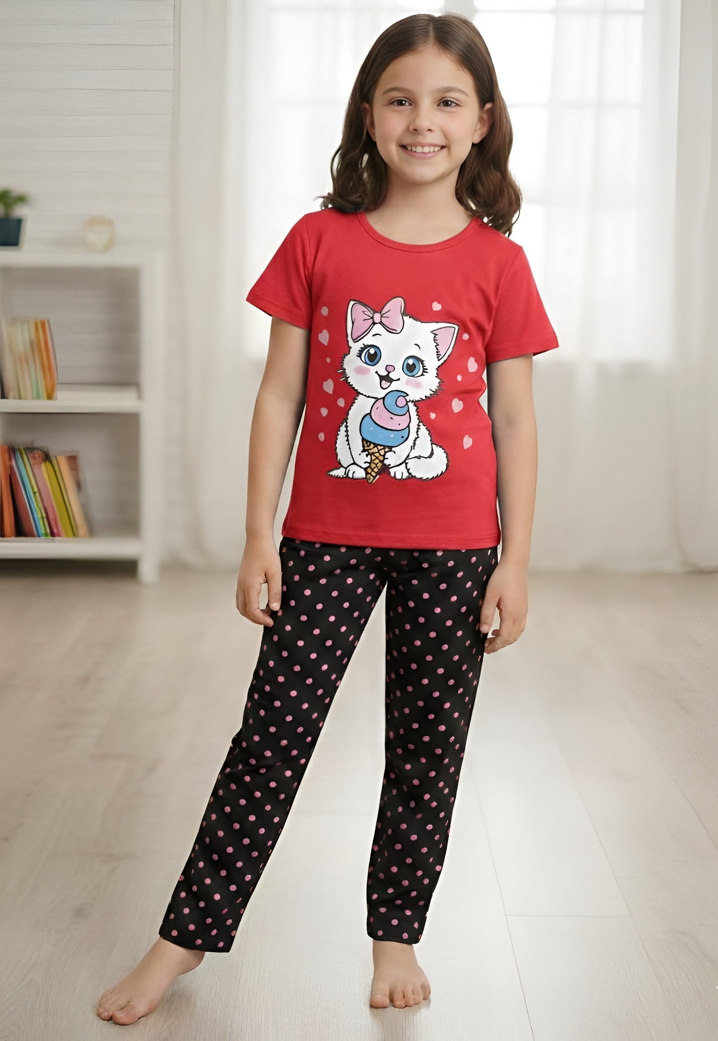 Red Cute Kitty Print Kids wear