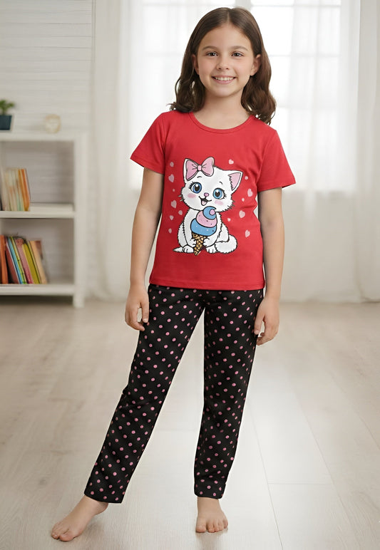 Red Cute Kitty Print Kids wear