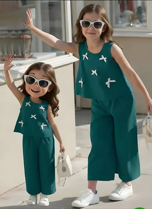 Green & White Bow Print Kids wear