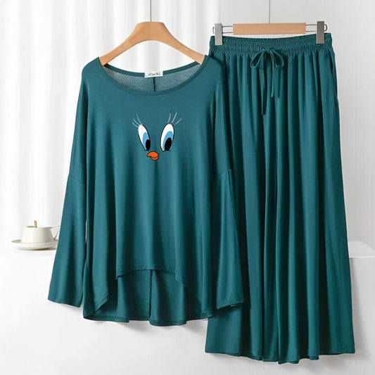 Daffy Duck Printed Dark Green Frill Sleeve Loose Lounge Wear Palazzo Set