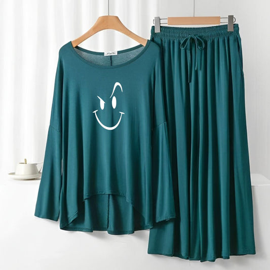 Smiley face Printed Dark Green Frill Sleeve Loose Lounge Wear Palazzo Set