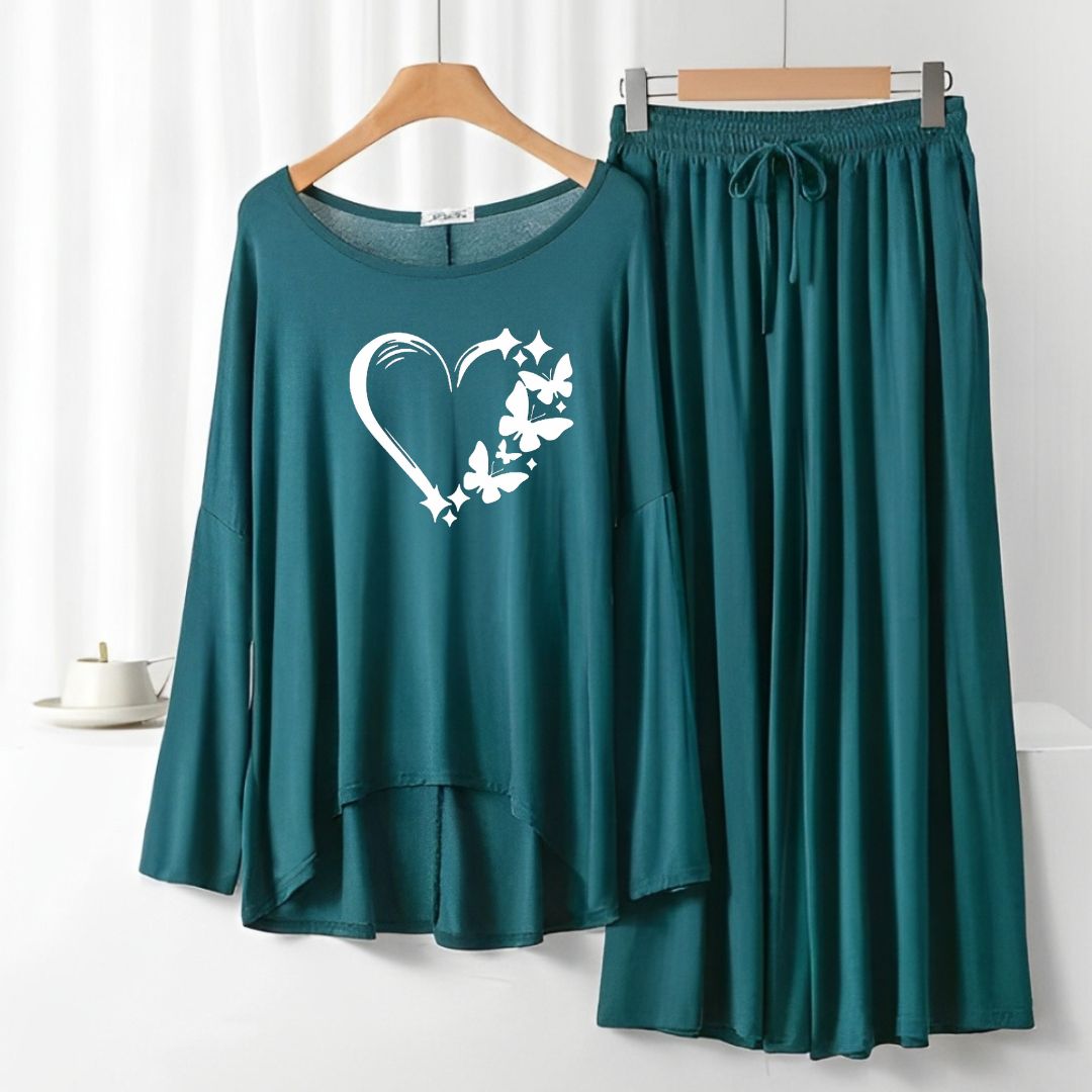 Heart Printed Dark Green Frill Sleeve Loose Lounge Wear Palazzo Set