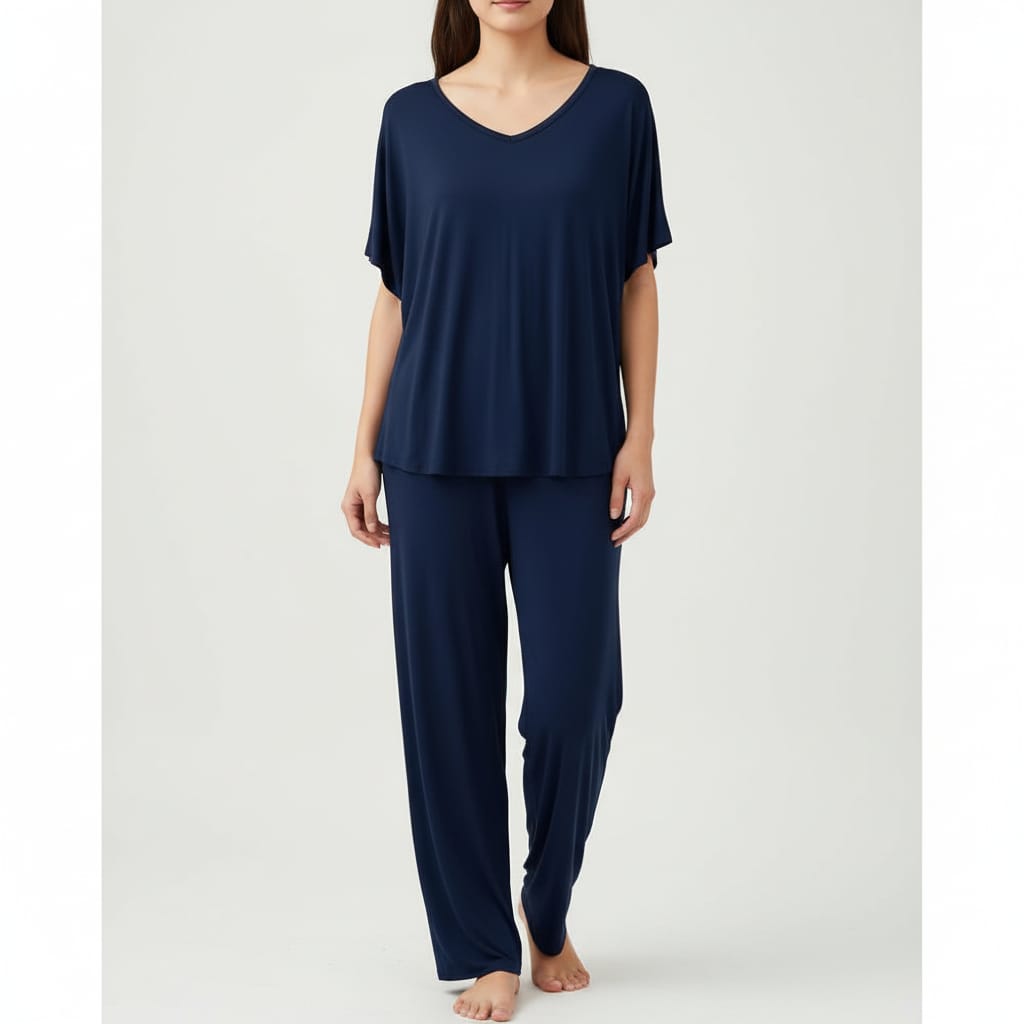 Half sleeves Plain Navy Blue V Neck T shirt with Navy Blue Palazzo Pajama Set