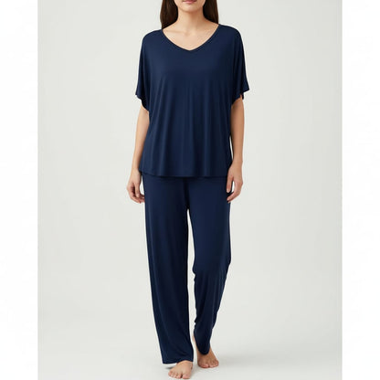 Half sleeves Plain Navy Blue V Neck T shirt with Navy Blue Palazzo Pajama Set