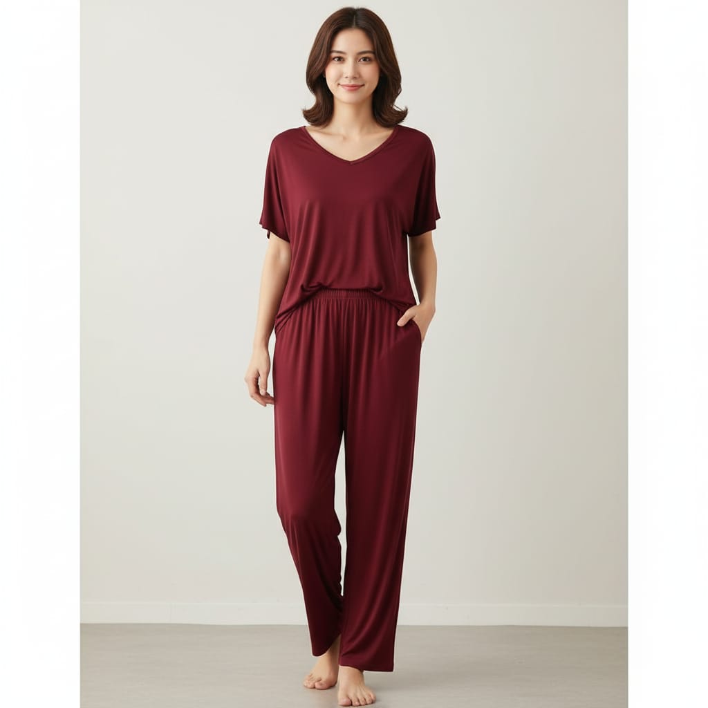 Half sleeves Plain Maroon V Neck T shirt with Maroon Palazzo Pajama Set