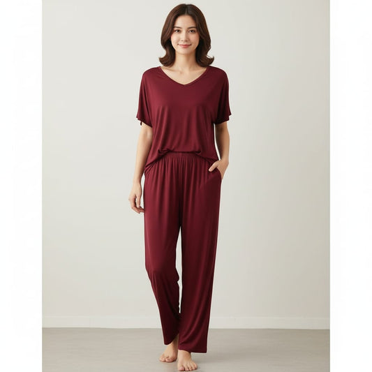 Half sleeves Plain Maroon V Neck T shirt with Maroon Palazzo Pajama Set