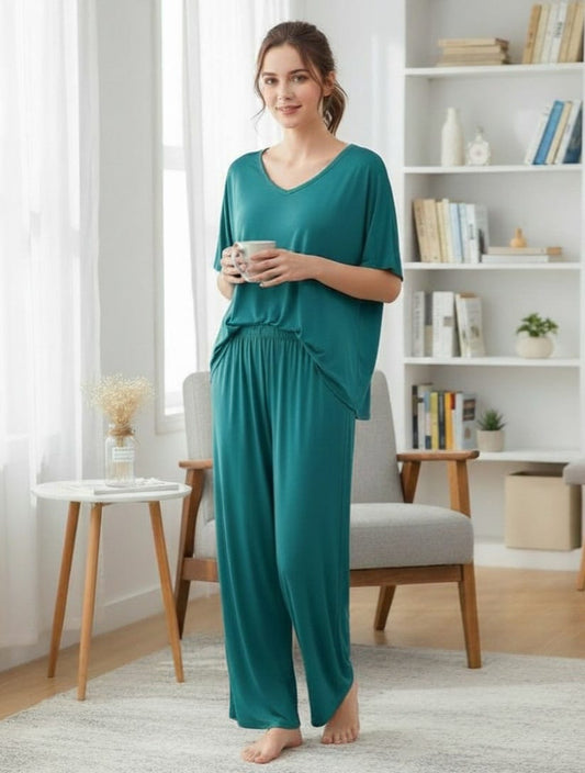Half sleeves Plain Green V Neck T shirt with Green Palazzo Pajama Set