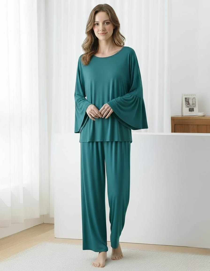 Dark Green Frill Sleeve Loose Lounge Wear Palazzo Set