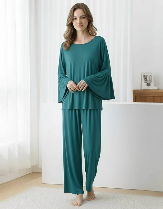 Dark Green Frill Sleeve Loose Lounge Wear Palazzo Set