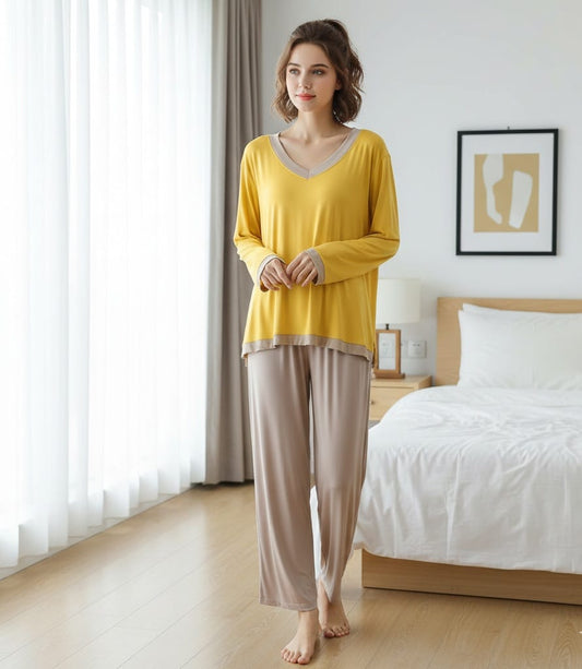 Yellow V Neck With Skin Contrast Palazzo For Women PJ Set