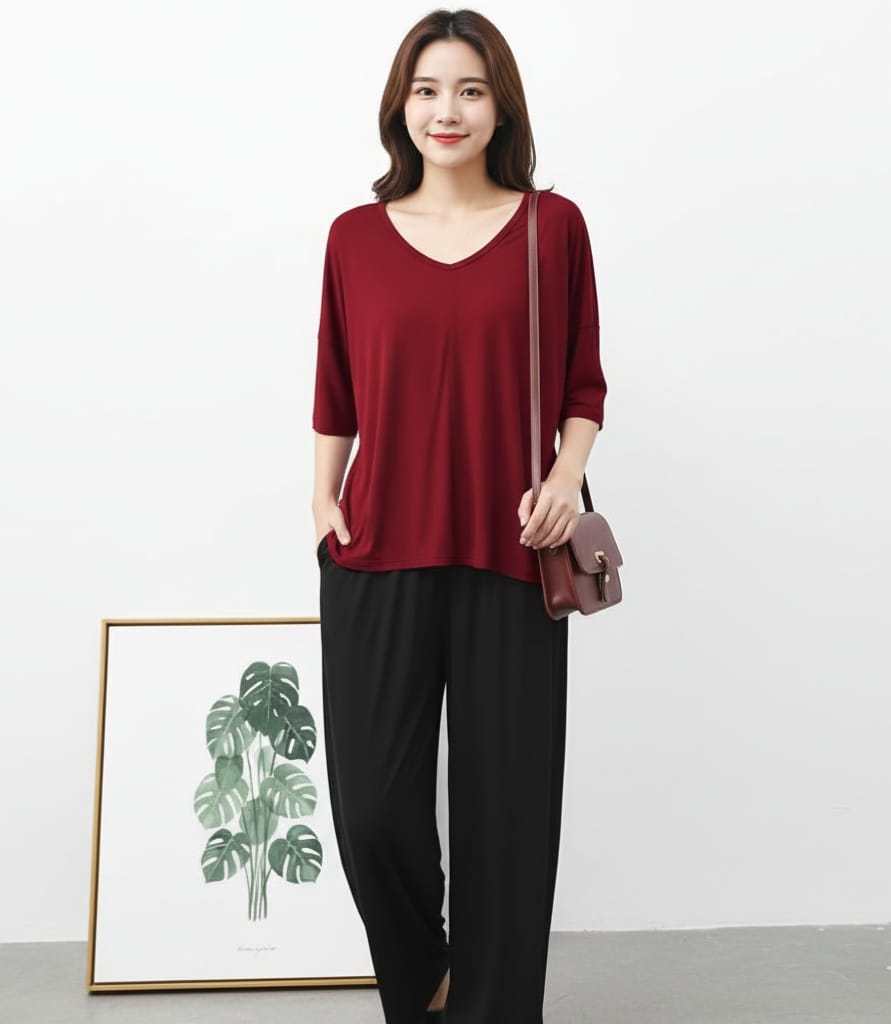 Plain Red V Neck T shirt with Black Palazzo Pajama Set