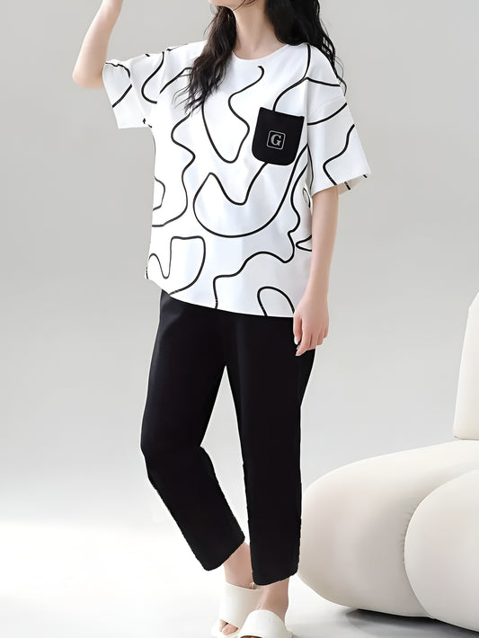 White Black Lining Pocket Printed Pajama Set