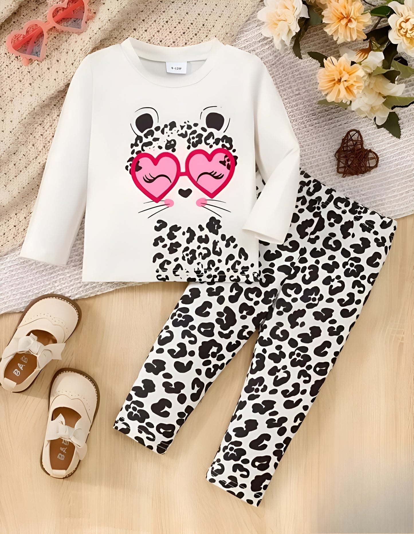 White Cute Heart Leopard Printed Kids Wear