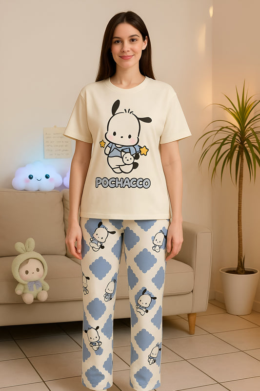 White Pochacco Printed Shirt with Check Pajama Set