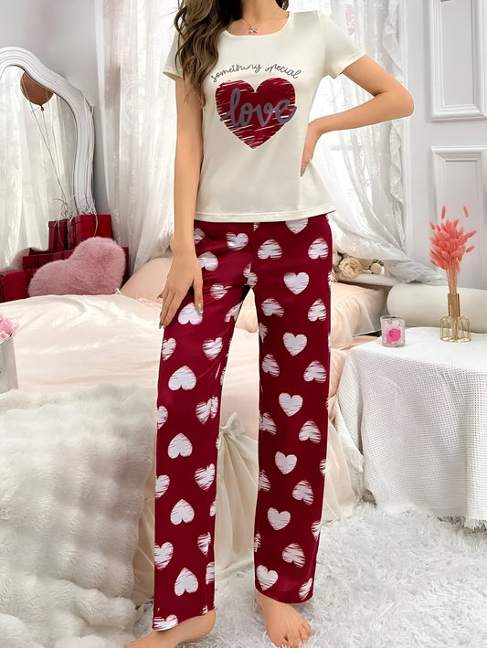 White And Red Love Heart Printed Pajama Set