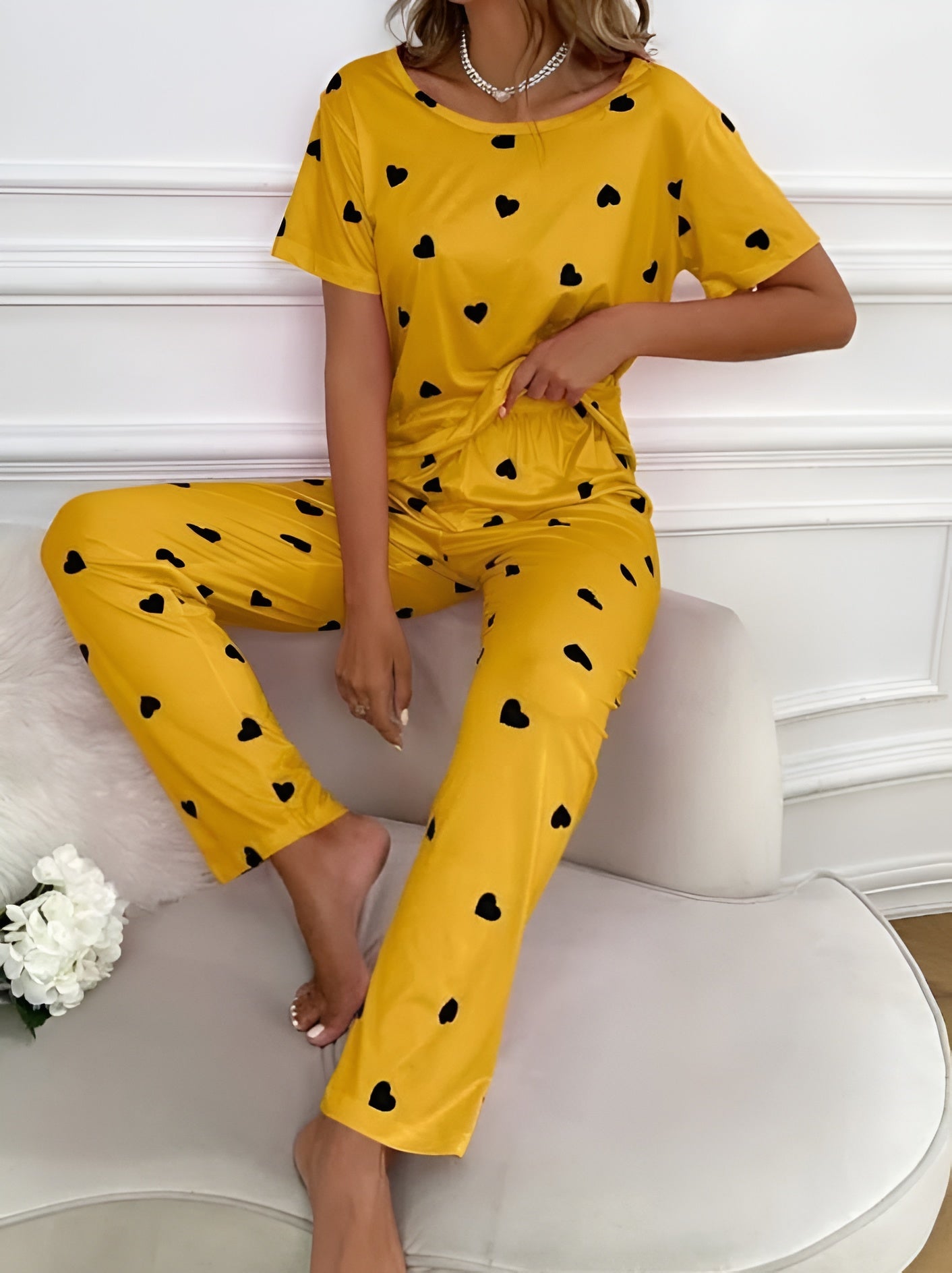 Yellow With Black Heart Printed Pajama Set