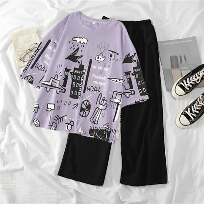 Purple City Groove Oversized Graphic Shirt with Black Plain Trouser