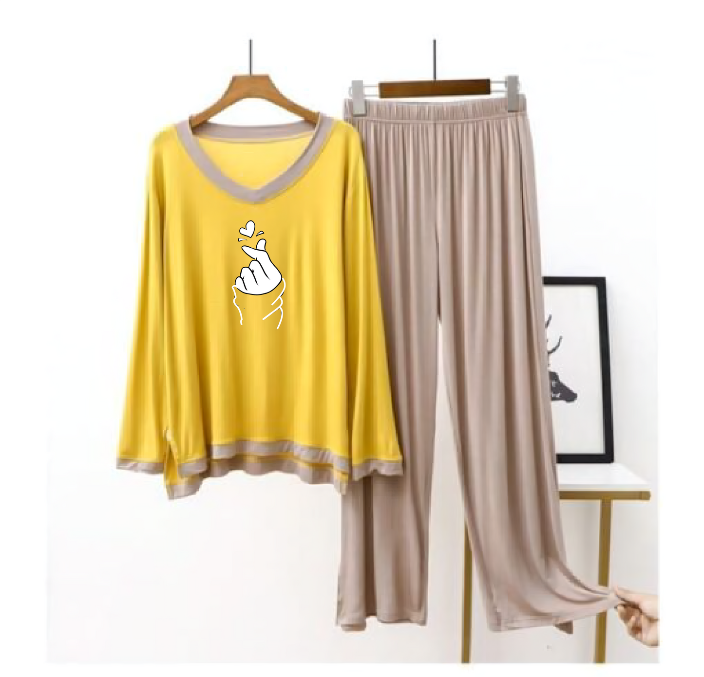 Love Heart Printed Yellow V Neck With Skin Contrast Palazzo For Women PJ Set