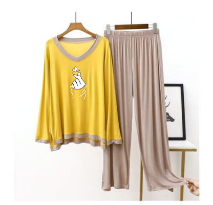 Love Heart Printed Yellow V Neck With Skin Contrast Palazzo For Women PJ Set