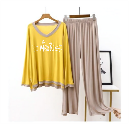 Meow Printed Yellow V Neck With Skin Contrast Palazzo For Women PJ Set